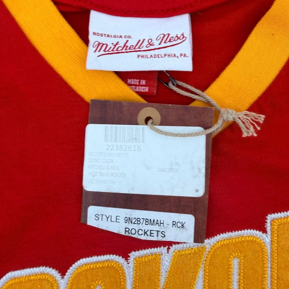 Mitchell & Ness Houston Rockets V-Neck Jersey Shirt Kids XL 18/20 Red Yellow NEW